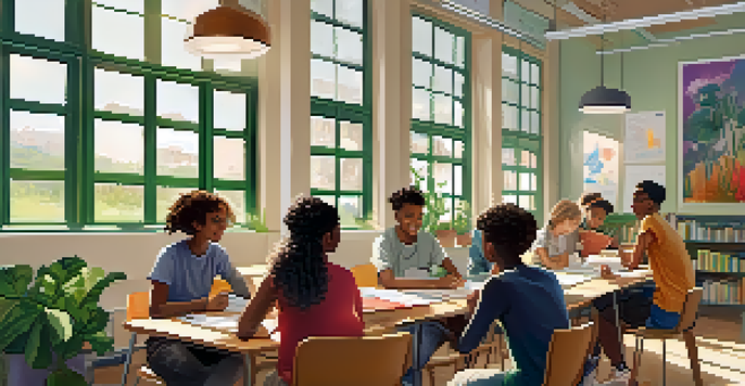A diverse group of students sitting around a table, actively discussing and sharing ideas in a bright classroom setting.