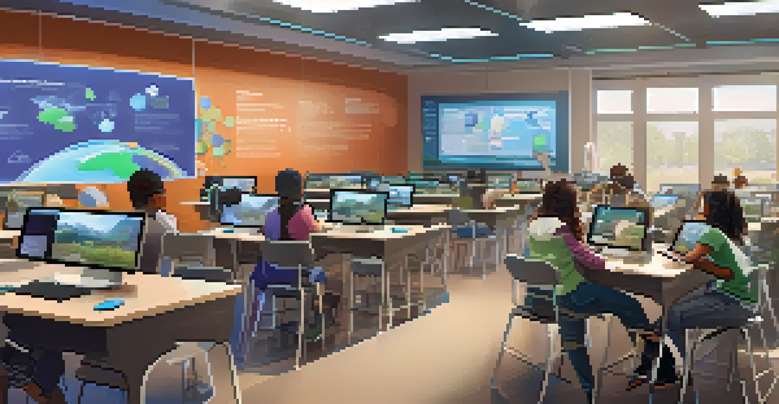 A modern classroom with students using advanced technology like tablets and VR headsets to access Open Educational Resources, with infographics displayed around them.