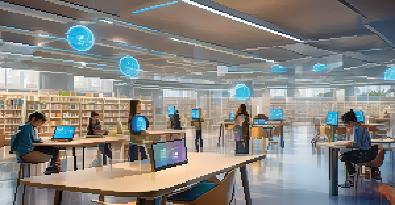 A futuristic library with students using interactive AI learning stations and modern technology.