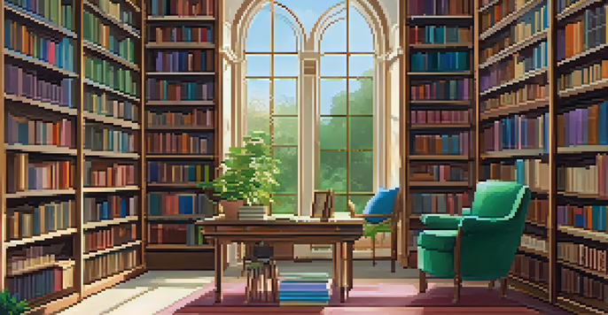 A cozy library with natural light, bookshelves full of colorful books, and a person reading in a comfortable armchair.
