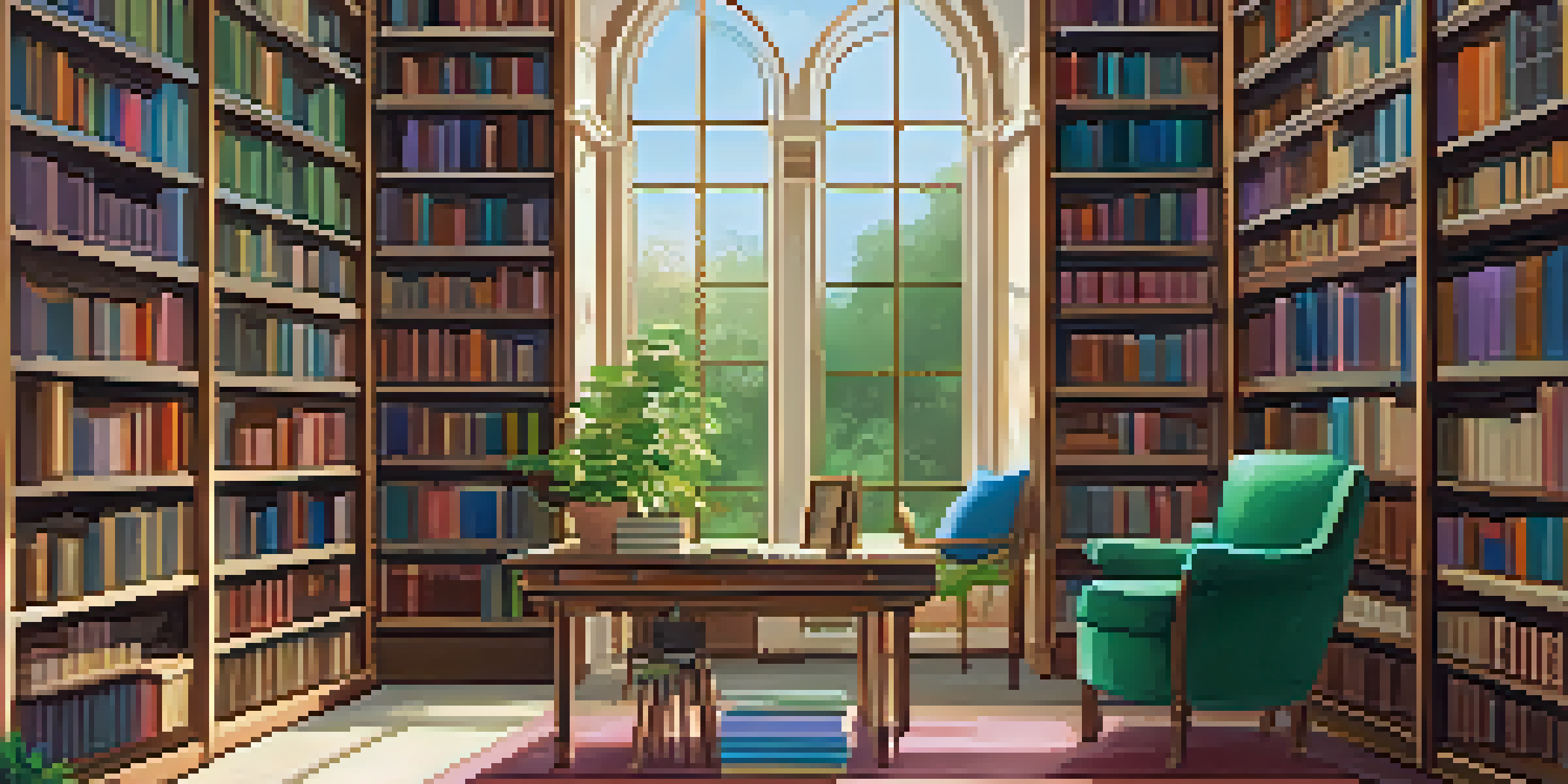 A cozy library with natural light, bookshelves full of colorful books, and a person reading in a comfortable armchair.