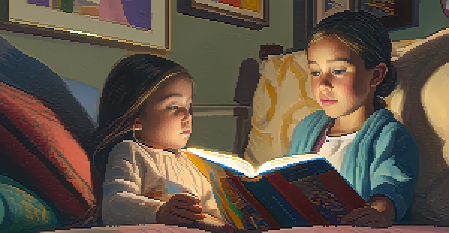 A child listening to a parent reading a story at home, with a cozy blanket and books on the table.