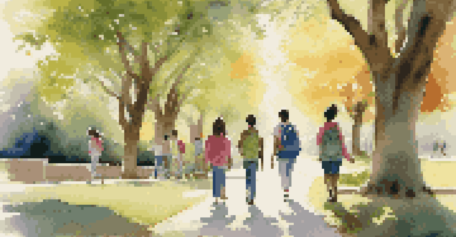 Students practicing mindful walking along a garden path, surrounded by trees and sunlight.
