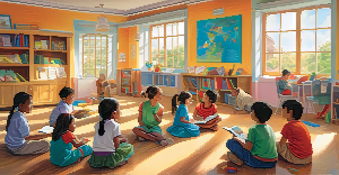 A diverse group of children in a bright classroom, actively participating in a language learning game with colorful posters on the walls.