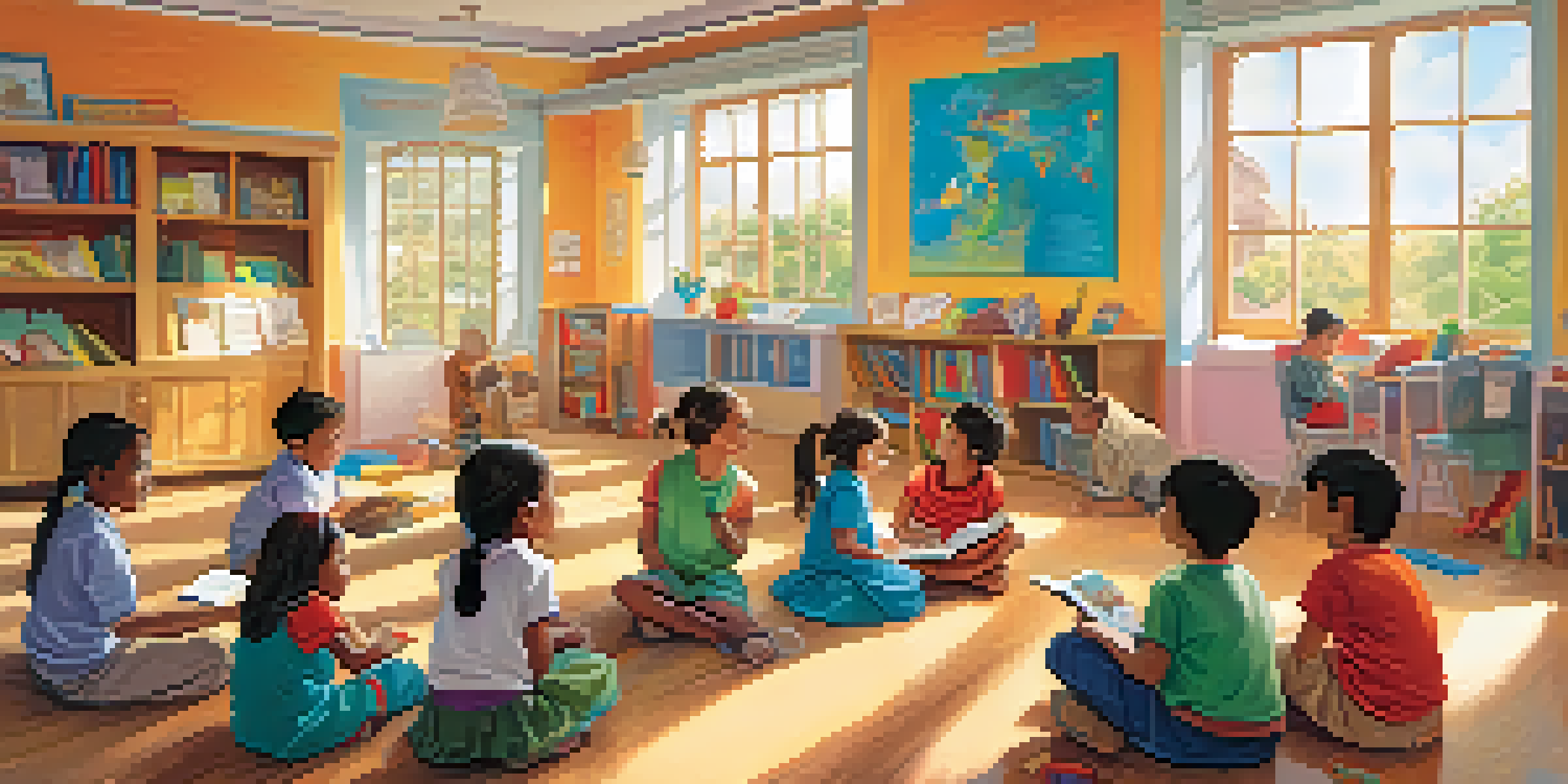 A diverse group of children in a bright classroom, actively participating in a language learning game with colorful posters on the walls.