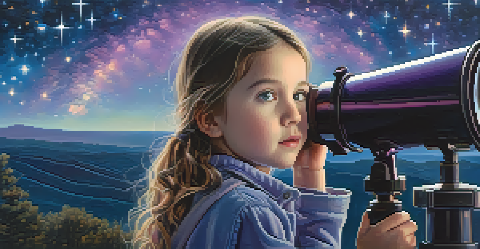 A young girl gazing through a telescope at the starry night sky, with a look of wonder, set against a backdrop of the Milky Way.