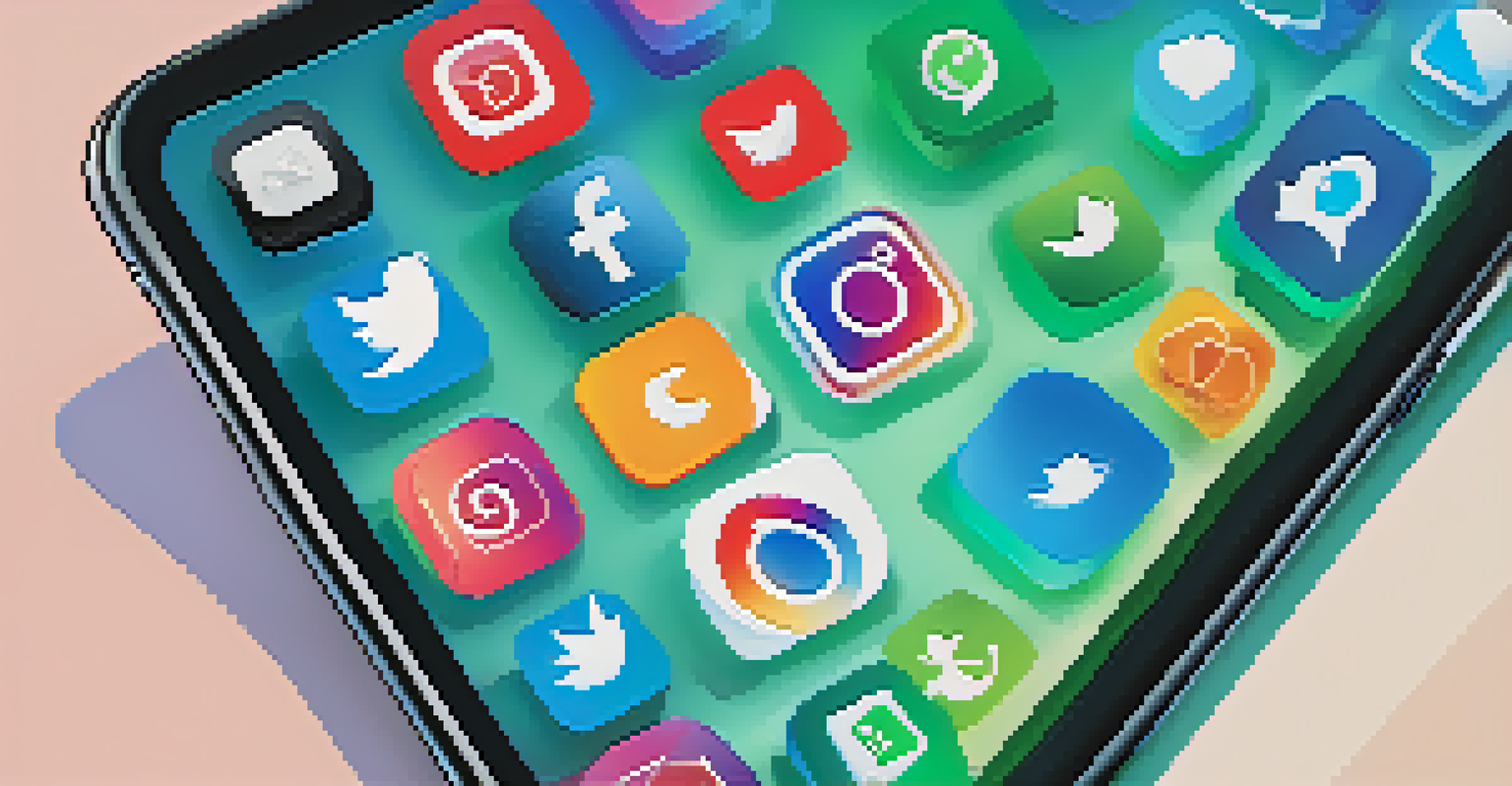 A smartphone with social media apps and thought bubbles depicting positive online interactions against a colorful background.