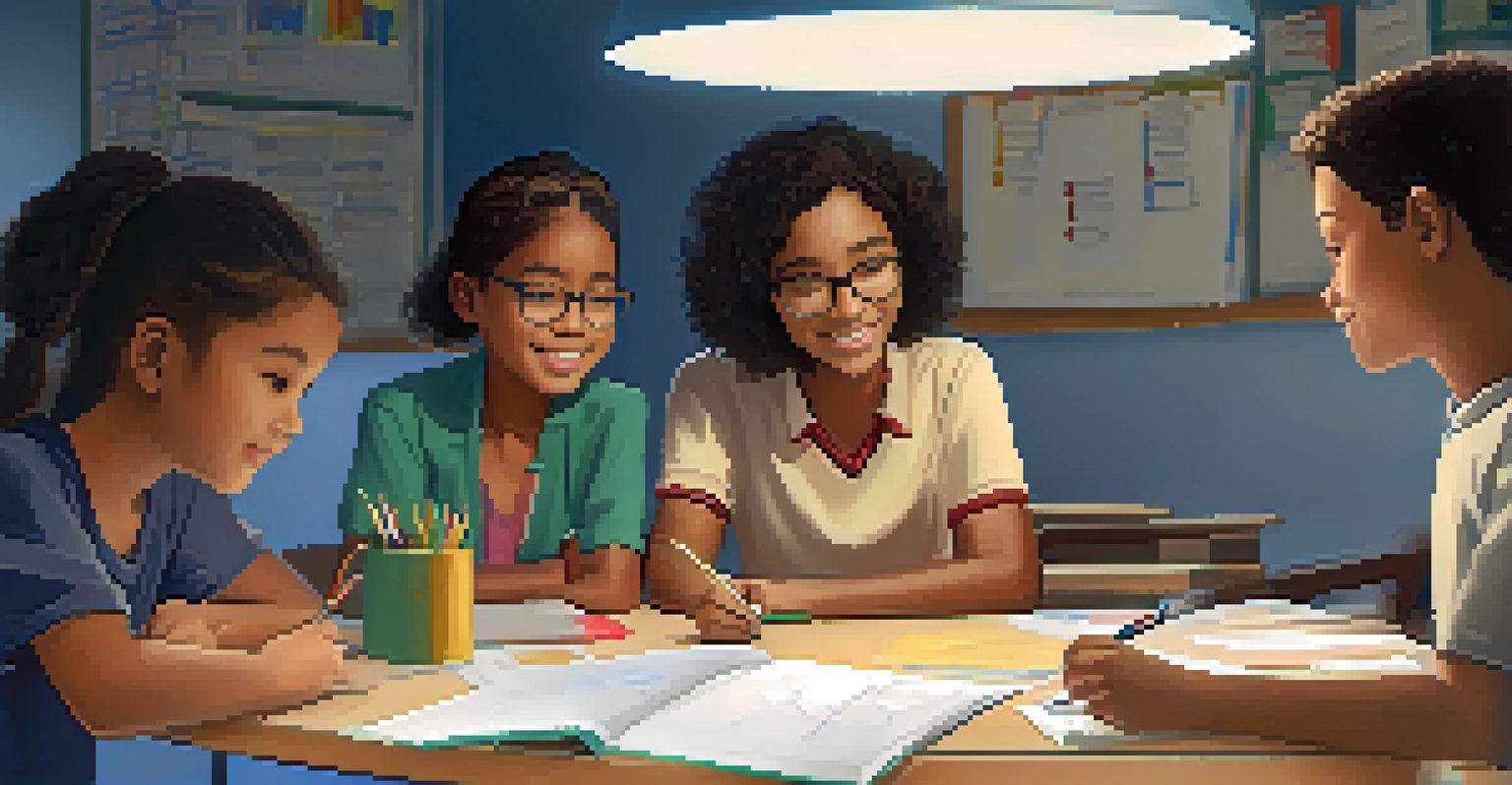 A teacher assisting a group of students in a collaborative project, fostering an interactive and supportive learning atmosphere.