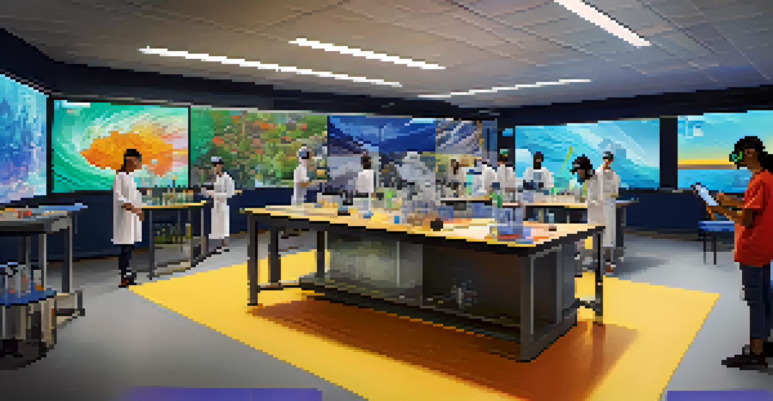 A vibrant virtual chemistry lab with students from different cultures conducting experiments together using VR technology.