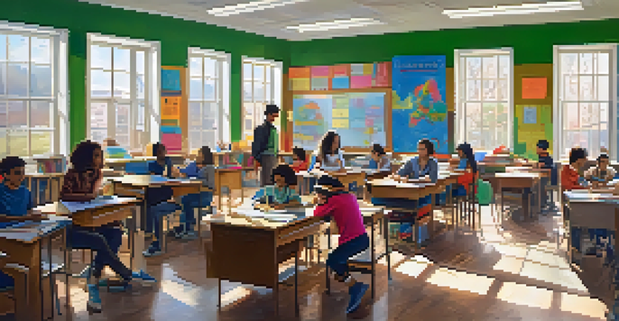 A lively classroom with diverse students working together on a problem-solving task, surrounded by educational posters and bright natural light.