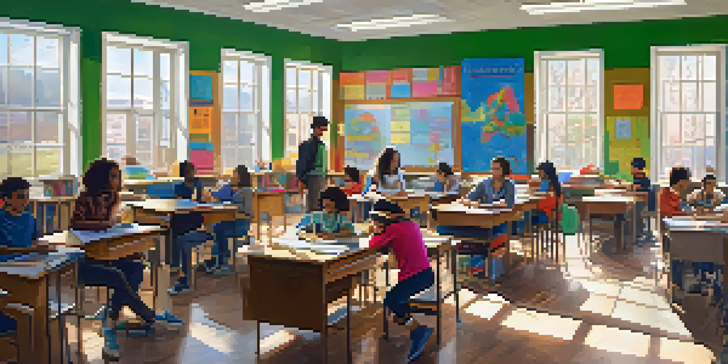 A lively classroom with diverse students working together on a problem-solving task, surrounded by educational posters and bright natural light.