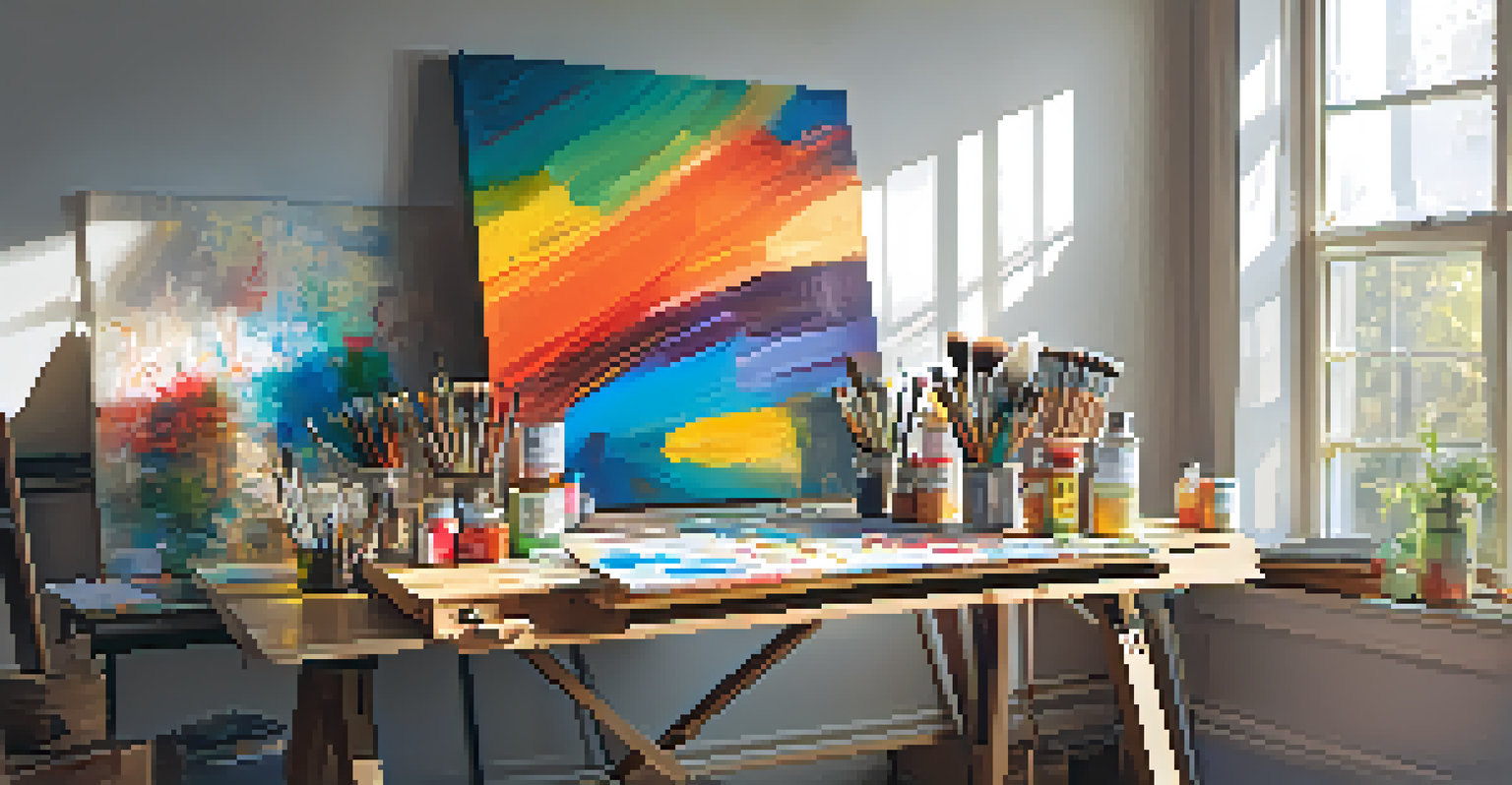 An artistic workspace with a wooden desk covered in paintbrushes, tubes of paint, and a bright abstract painting, illuminated by natural light.