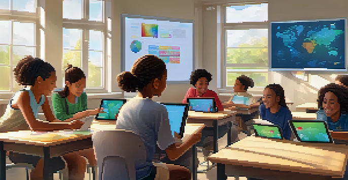 A lively classroom where students use tablets and interactive whiteboards, filled with sunlight and educational posters.
