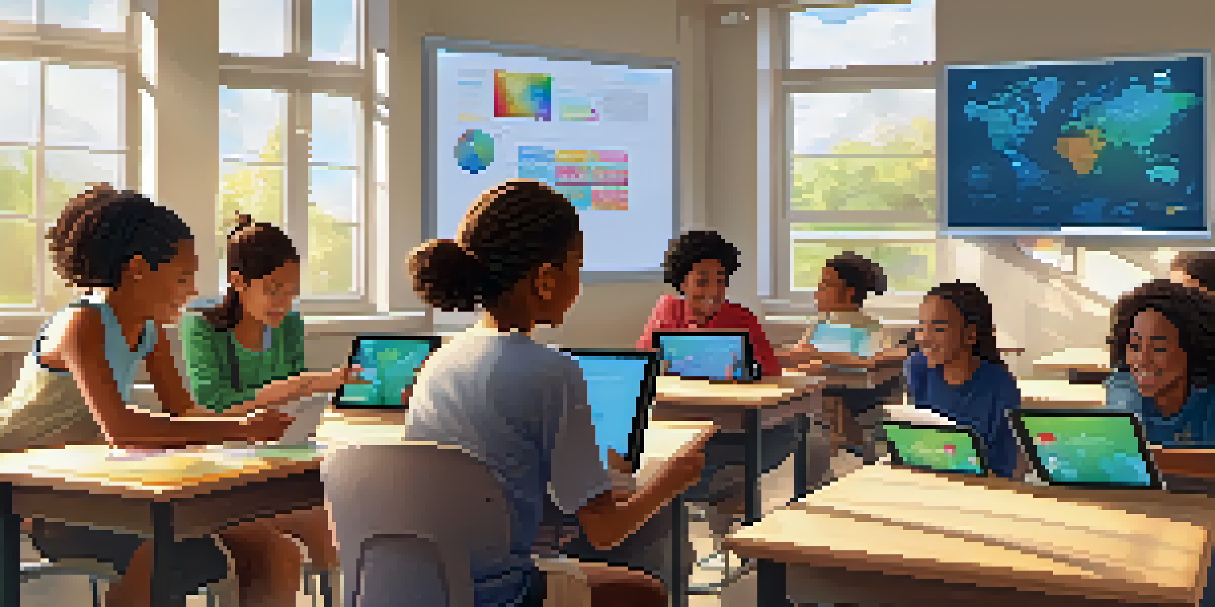 A lively classroom where students use tablets and interactive whiteboards, filled with sunlight and educational posters.