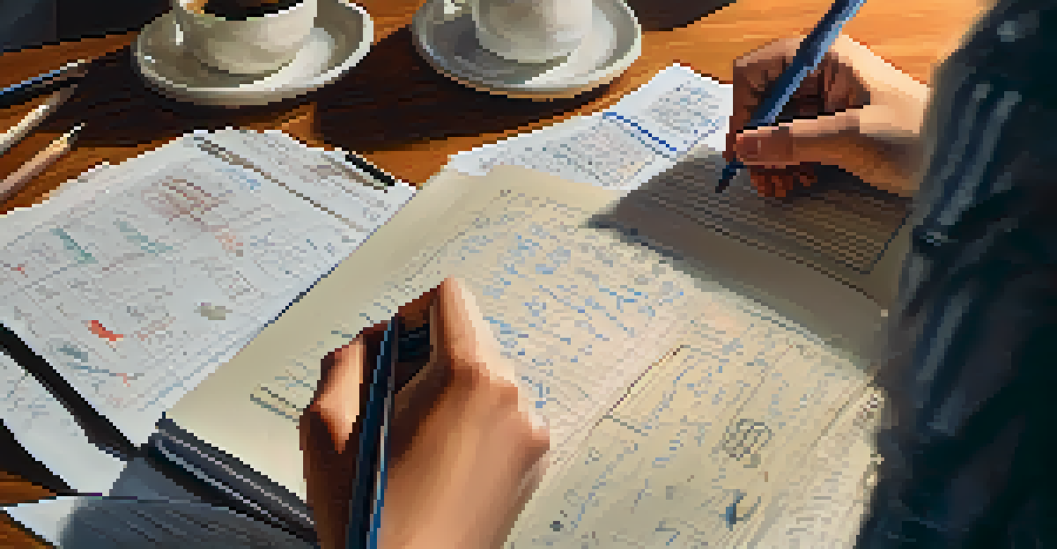 Close-up of a student's hands holding a notebook with notes about career aspirations, with a mentor's hand gesturing in a cozy setting.