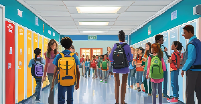 A diverse group of students and teachers participating in an emergency drill, evacuating calmly with guidance from staff in a brightly lit school hallway.