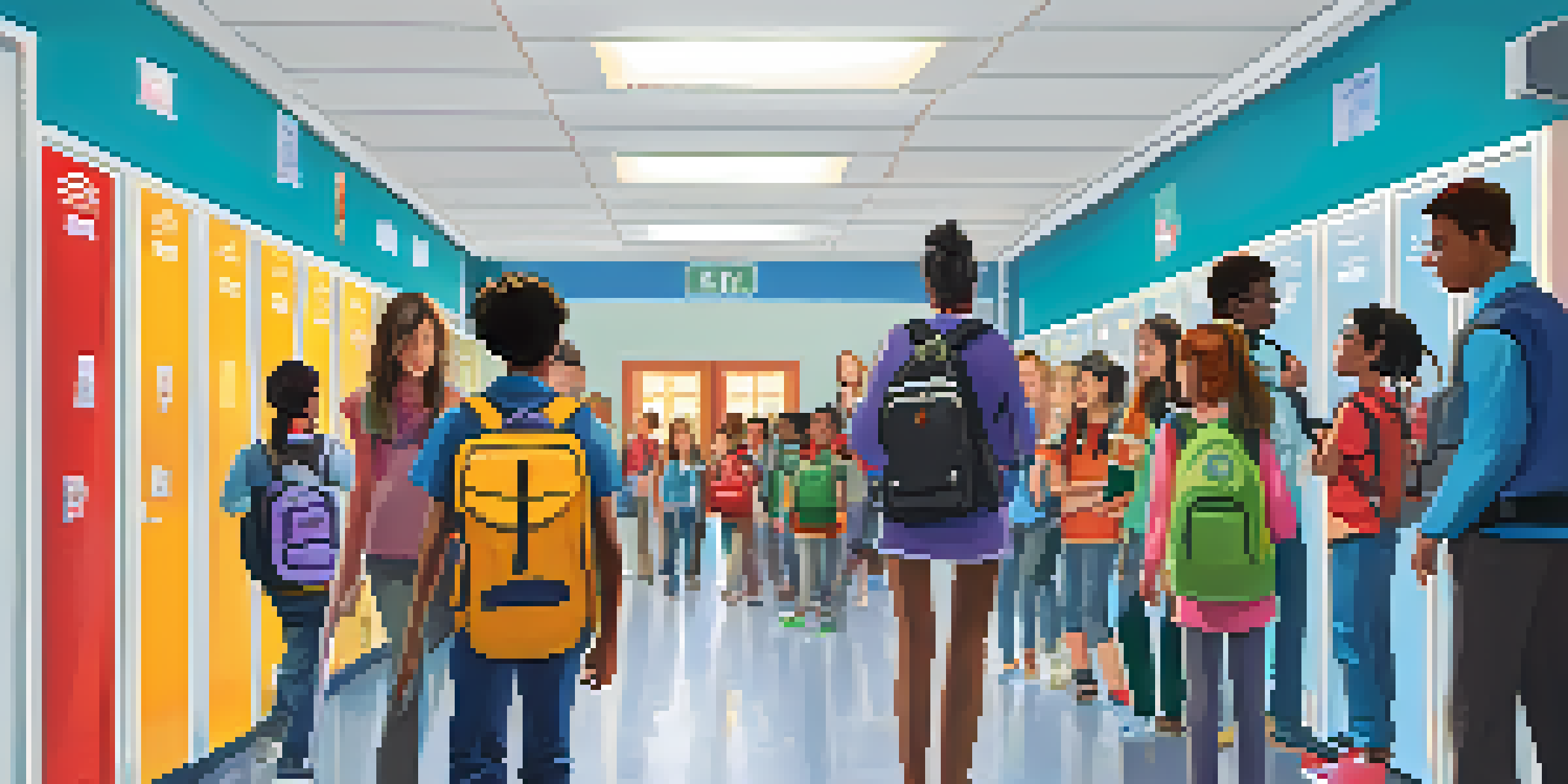 A diverse group of students and teachers participating in an emergency drill, evacuating calmly with guidance from staff in a brightly lit school hallway.