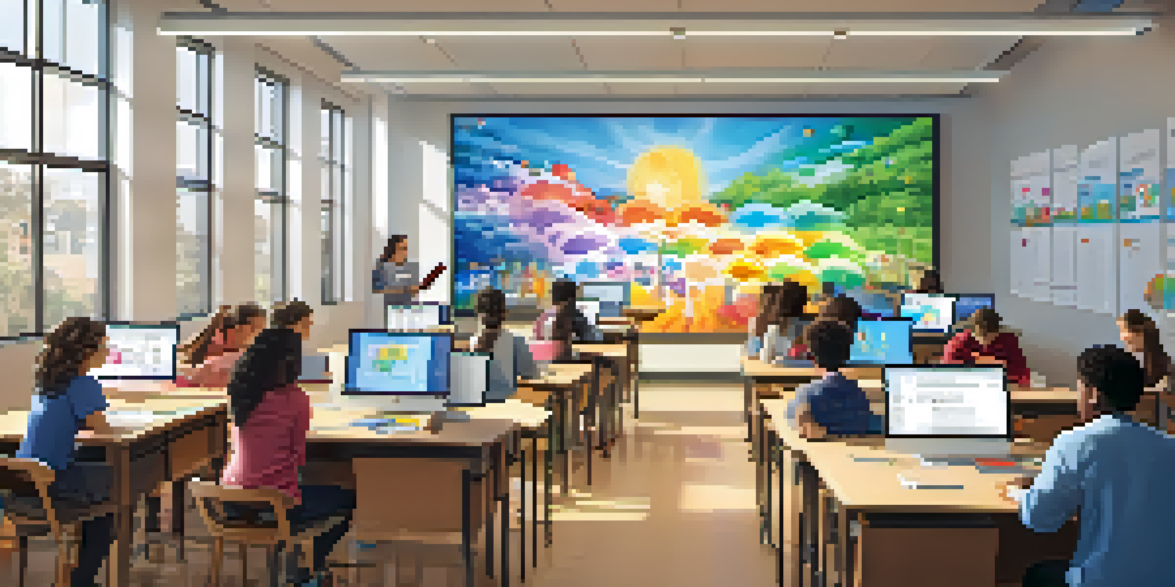 A bright digital classroom filled with diverse students using tablets for assessments, with natural light and colorful educational posters.