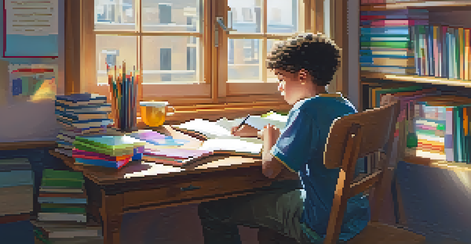 A student thoughtfully writing in a journal at a desk surrounded by colorful stationery and books, reflecting on their learning.