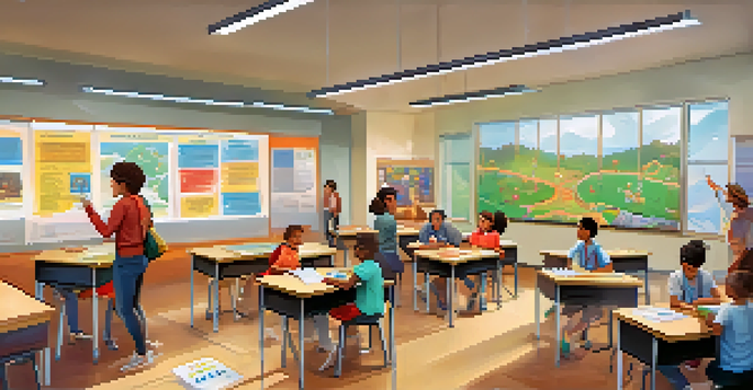 A vibrant classroom where diverse students are actively participating in a gamified learning activity, showing engagement and enthusiasm.