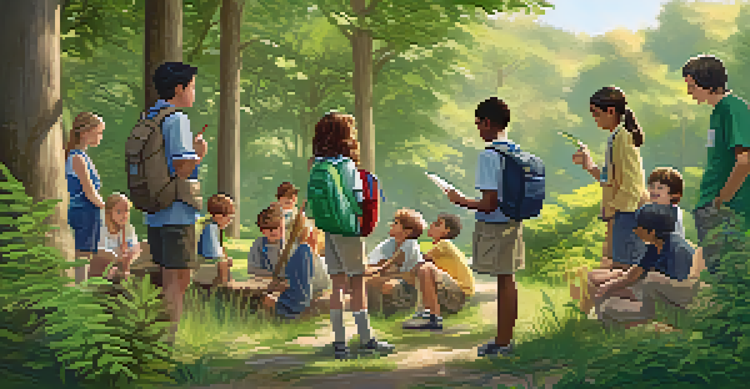 Students on a field trip in a nature reserve, learning from a community expert amidst lush greenery.