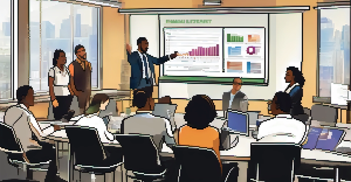A diverse group of employees participating in a financial literacy workshop, discussing around a table with financial materials and a presentation screen.