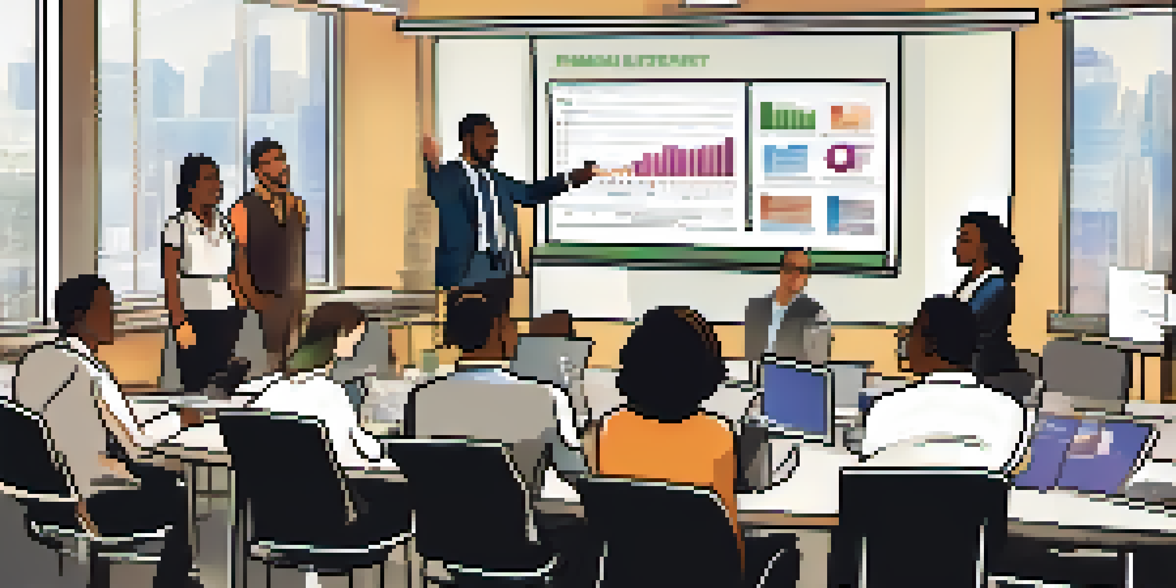 A diverse group of employees participating in a financial literacy workshop, discussing around a table with financial materials and a presentation screen.