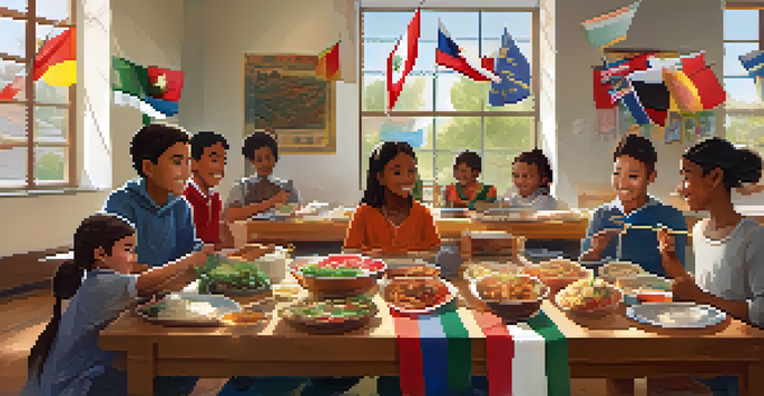 A classroom filled with students from various cultures sharing food and engaging in a cultural exchange, with flags and decorations representing different countries.