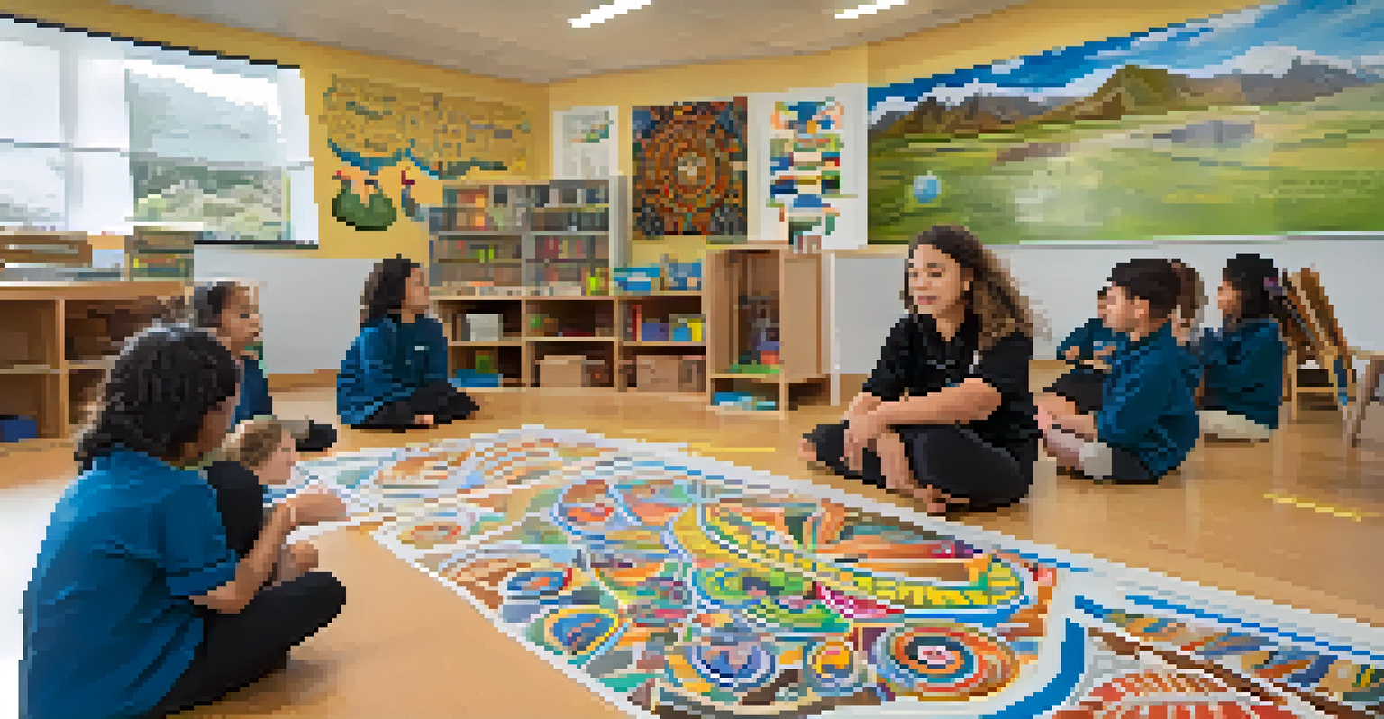 A classroom in New Zealand displaying Māori art and resources, with students working on culturally relevant projects and teachers facilitating discussions.