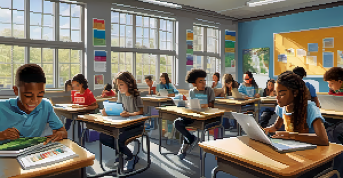 A vibrant classroom with diverse students using tablets and laptops, collaborating and learning together under bright natural light.