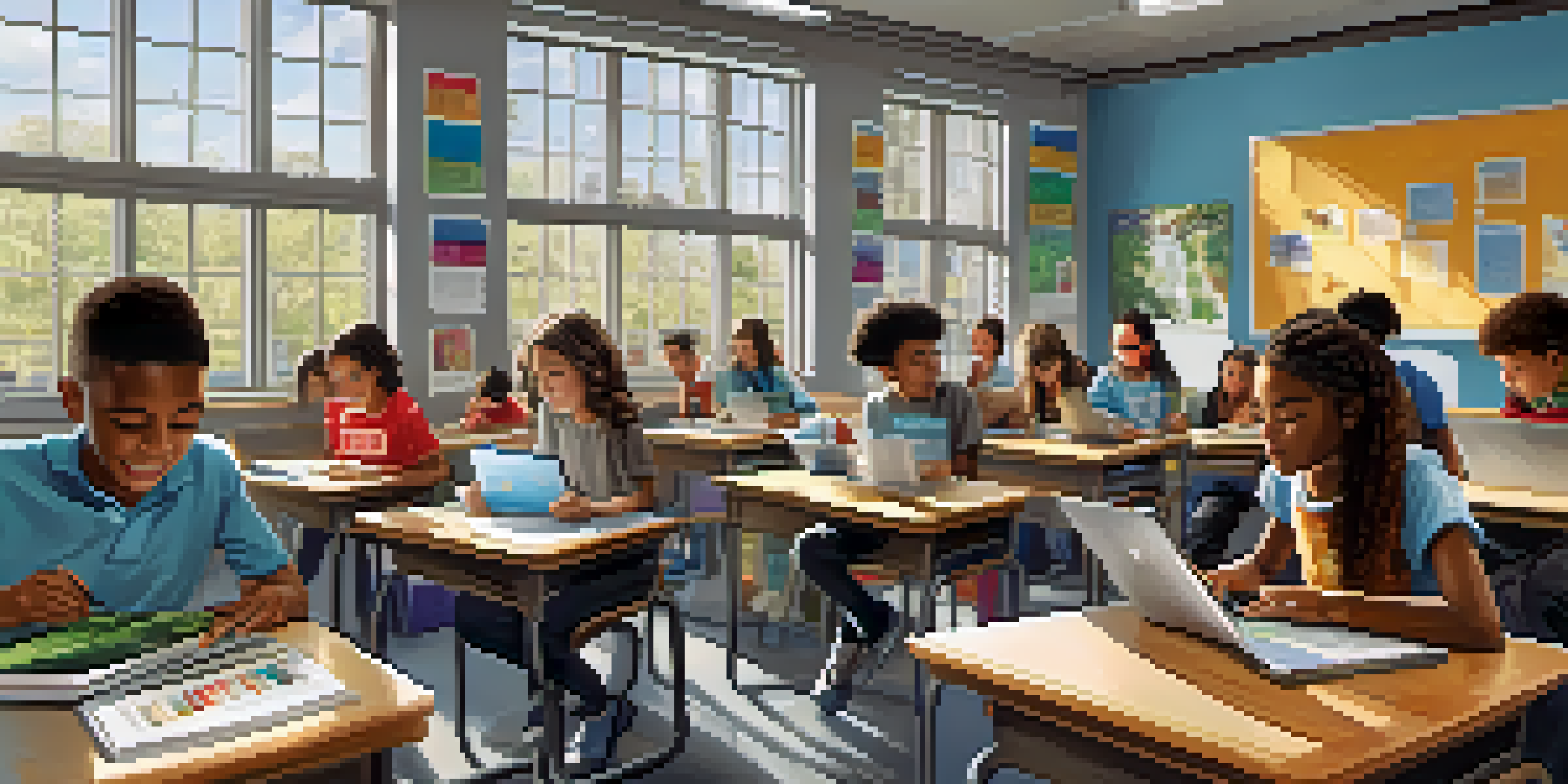 A vibrant classroom with diverse students using tablets and laptops, collaborating and learning together under bright natural light.
