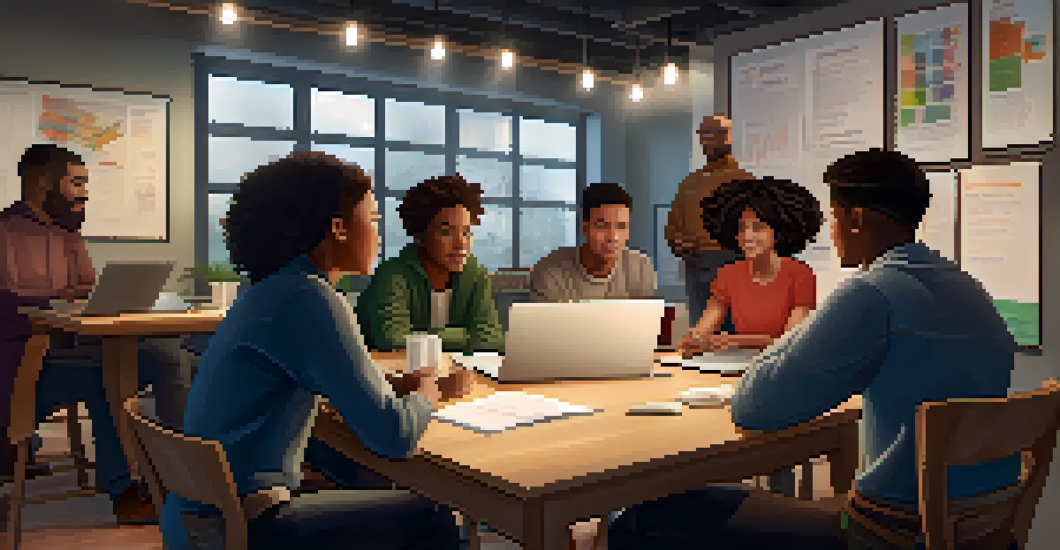 A diverse group of learners working together on a project in a modern and cozy space, surrounded by motivational visuals.
