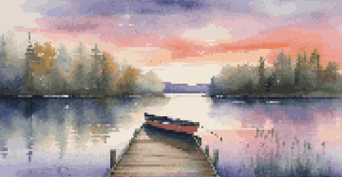 A tranquil lake surrounded by green forests at sunset, with vibrant colors in the sky reflecting on the water and a wooden dock in the foreground.