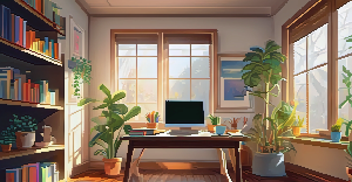 A cozy study space with a laptop, coffee, and books, illuminated by sunlight.