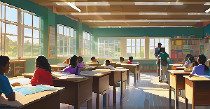 A classroom filled with diverse students, a teacher, and educational materials, bathed in warm sunlight.
