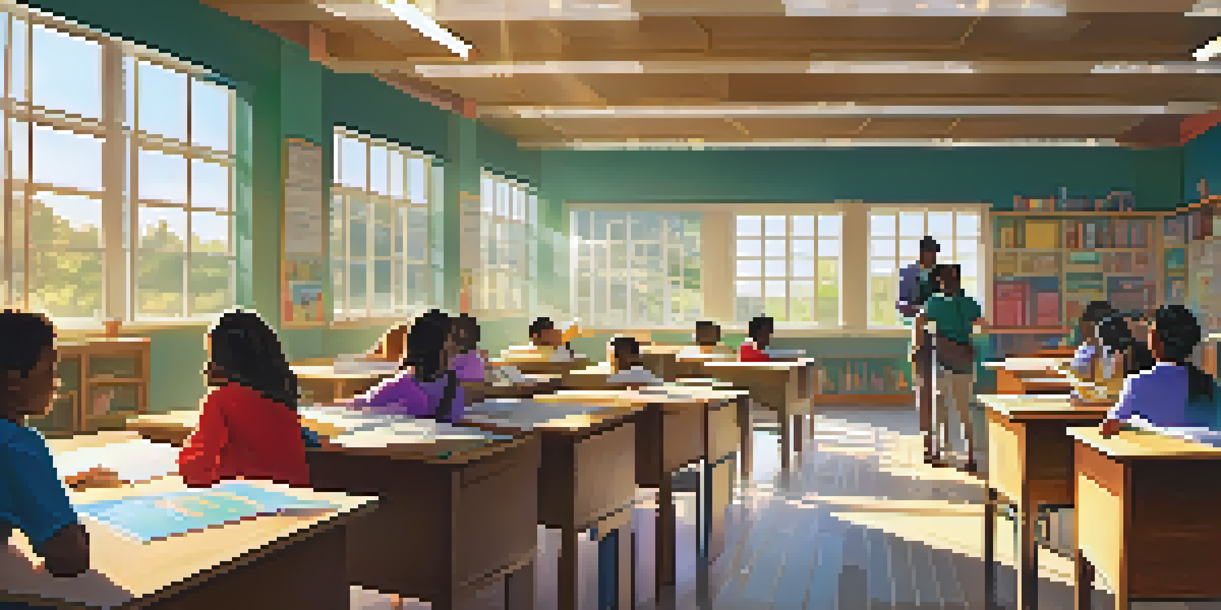 A classroom filled with diverse students, a teacher, and educational materials, bathed in warm sunlight.