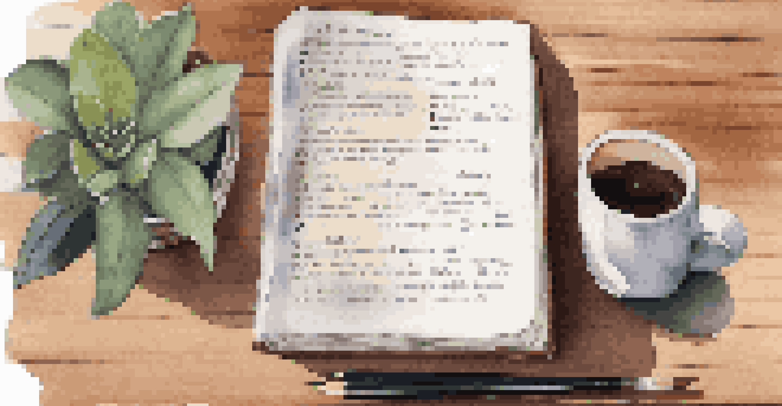 A reflective journal with handwritten notes on a wooden desk, accompanied by a coffee cup and a plant, illuminated by soft light.
