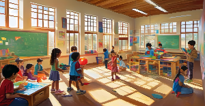 A lively classroom with diverse children participating in a play-based learning activity, filled with colorful materials and warm sunlight.
