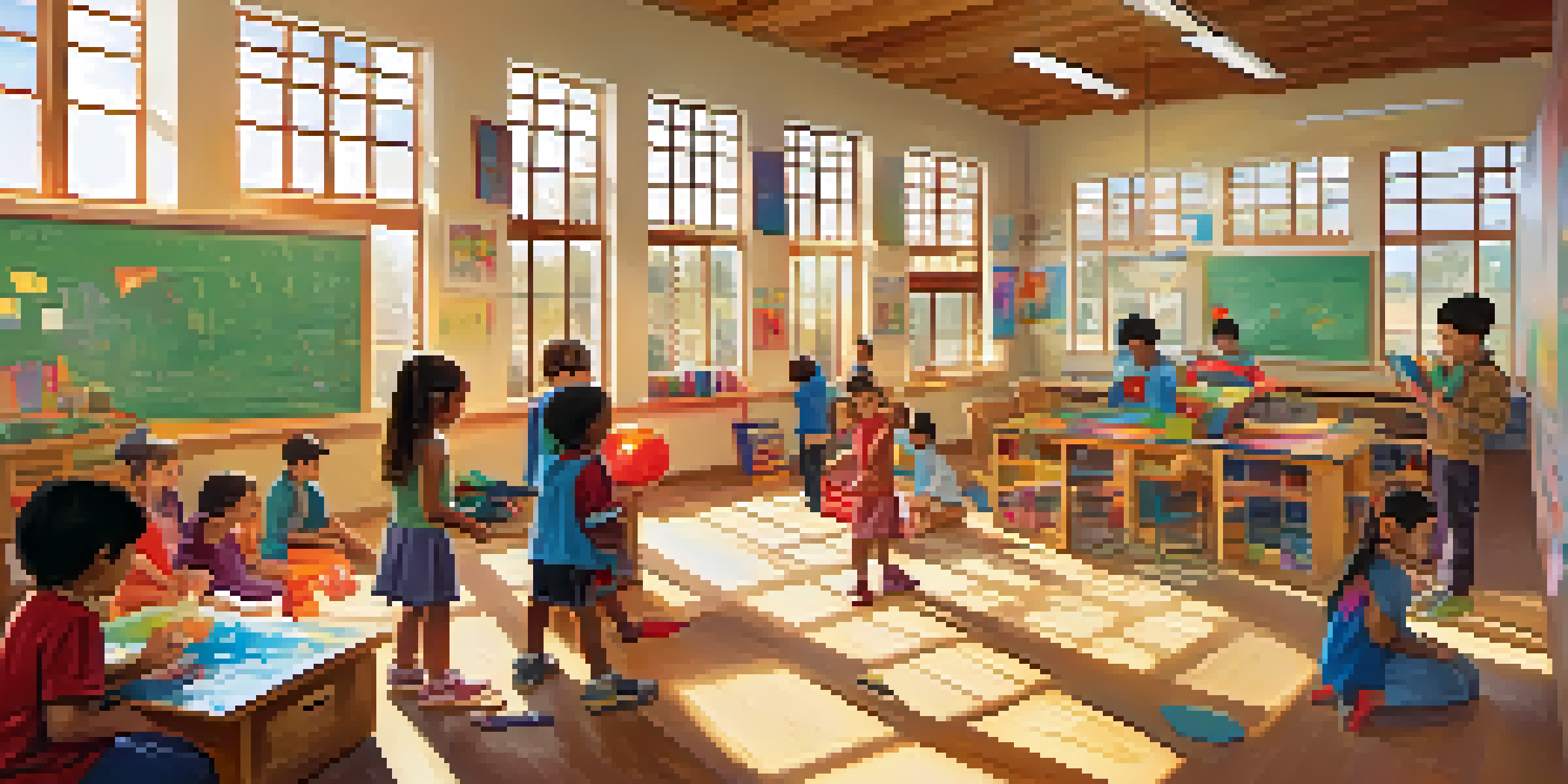 A lively classroom with diverse children participating in a play-based learning activity, filled with colorful materials and warm sunlight.