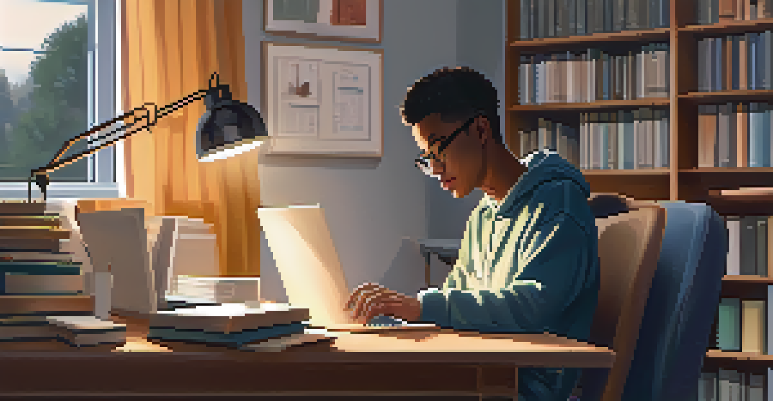 A student studying in a warm and inviting space, using a laptop for hybrid learning.