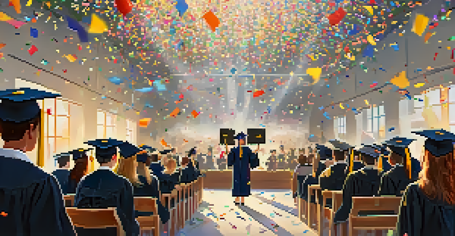 A virtual graduation ceremony with students in caps and gowns celebrating on screens with confetti and a congratulatory banner.