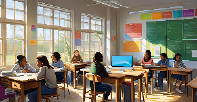 A bright classroom with diverse students collaborating on their studies, guided by a teacher, surrounded by educational posters and sunlight.