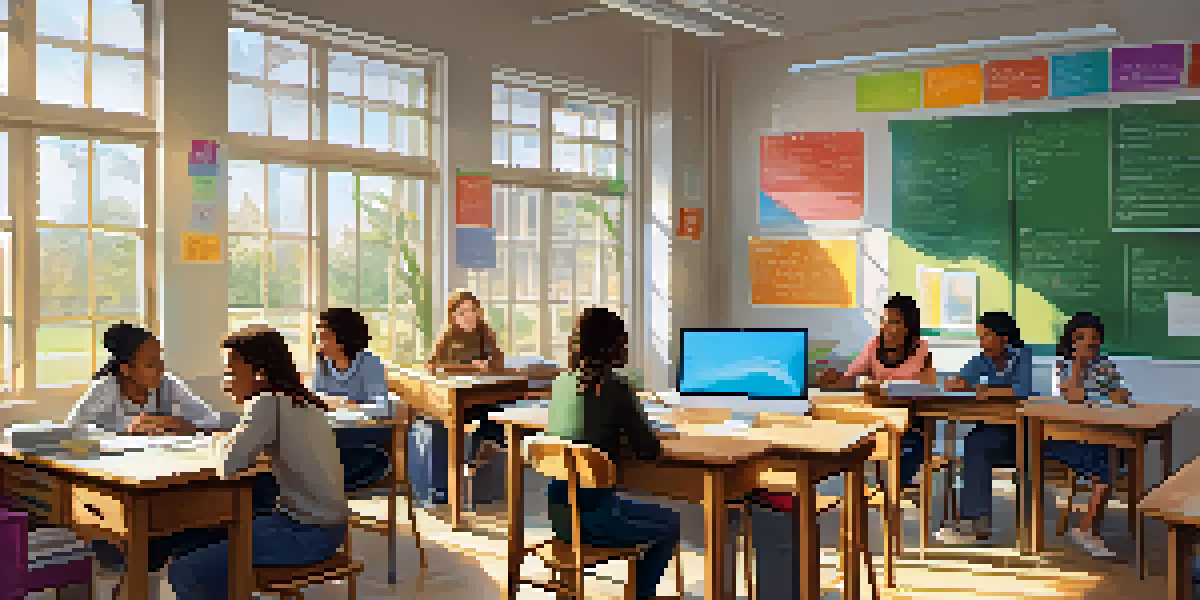 A bright classroom with diverse students collaborating on their studies, guided by a teacher, surrounded by educational posters and sunlight.