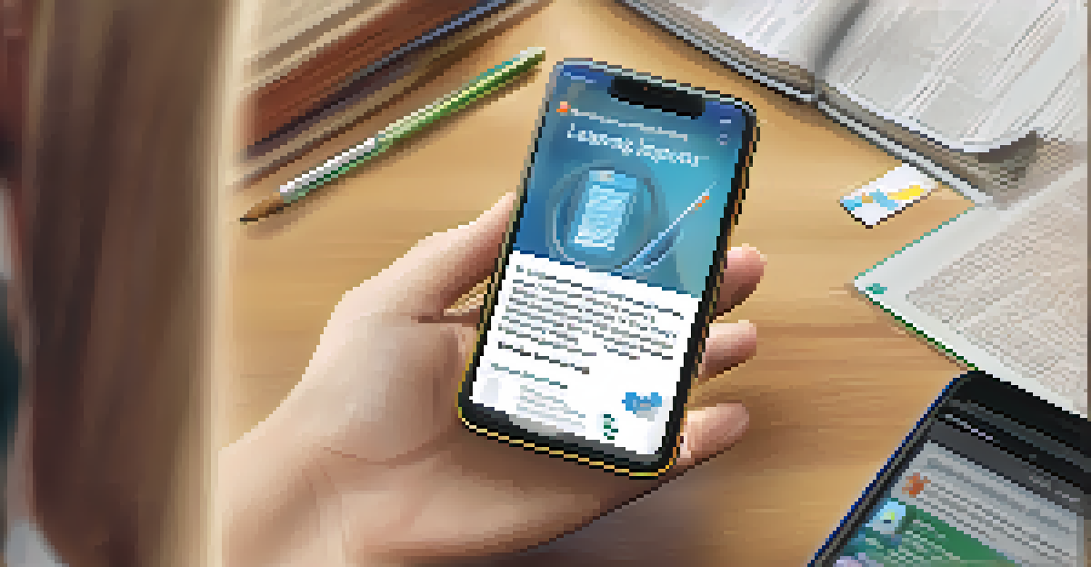 A smartphone screen with a mobile learning app, highlighting personalized education content amidst books and study materials.