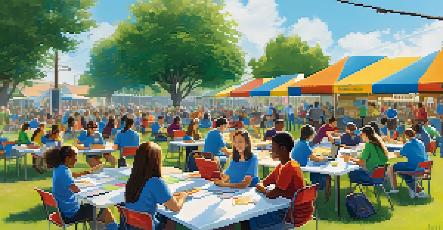 Diverse students using technology at an outdoor community learning event with colorful banners.