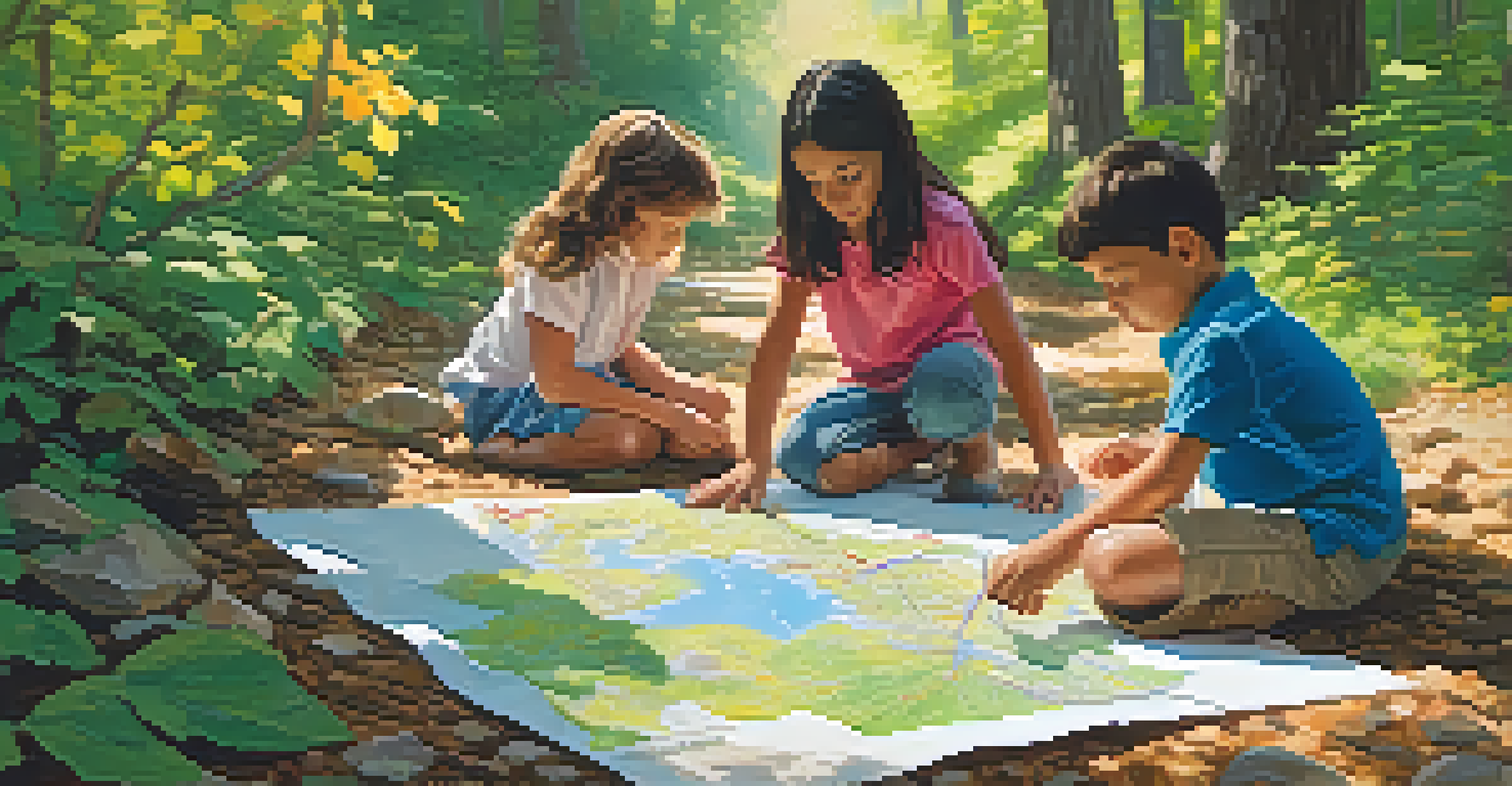 Children exploring a natural outdoor setting, pretending to be explorers and gathering materials for creative play.