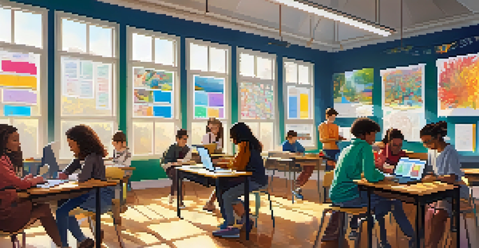 A lively classroom with students engaged in creative projects using technology, with bright sunlight and colorful artwork around them.