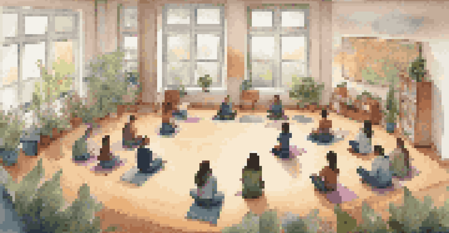 Students sitting in a circle on mats, practicing mindfulness with eyes closed in a peaceful classroom environment.