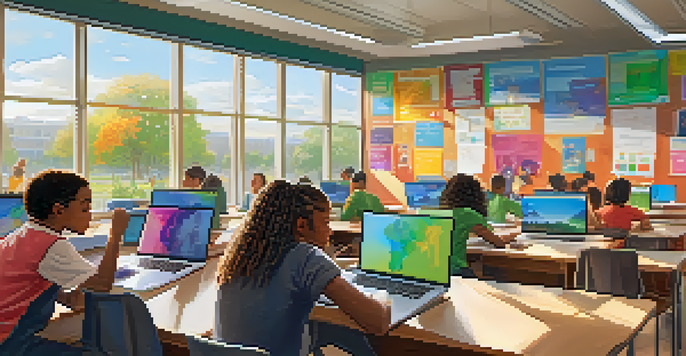 A lively classroom with students participating in an online learning session, featuring colorful decor and a teacher displayed on a screen.