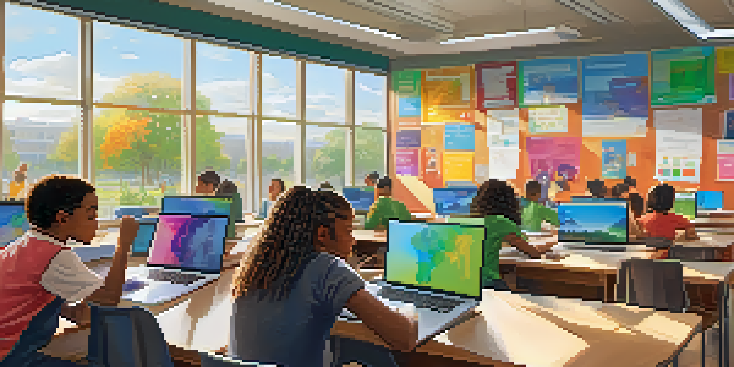 A lively classroom with students participating in an online learning session, featuring colorful decor and a teacher displayed on a screen.